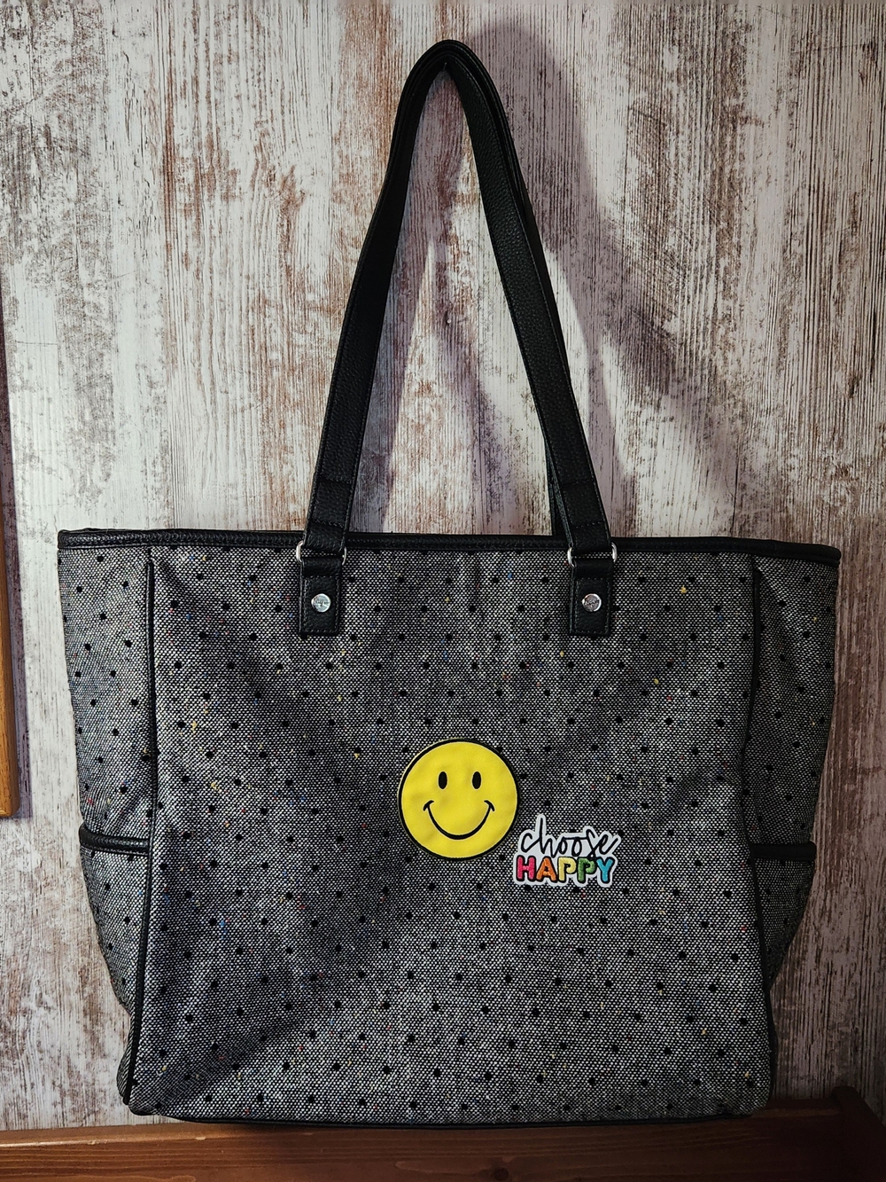 Thirty-One Cindy Tote Bag Charcoal Gray Confetti "Choose Happy" Smiley Face 🙂
